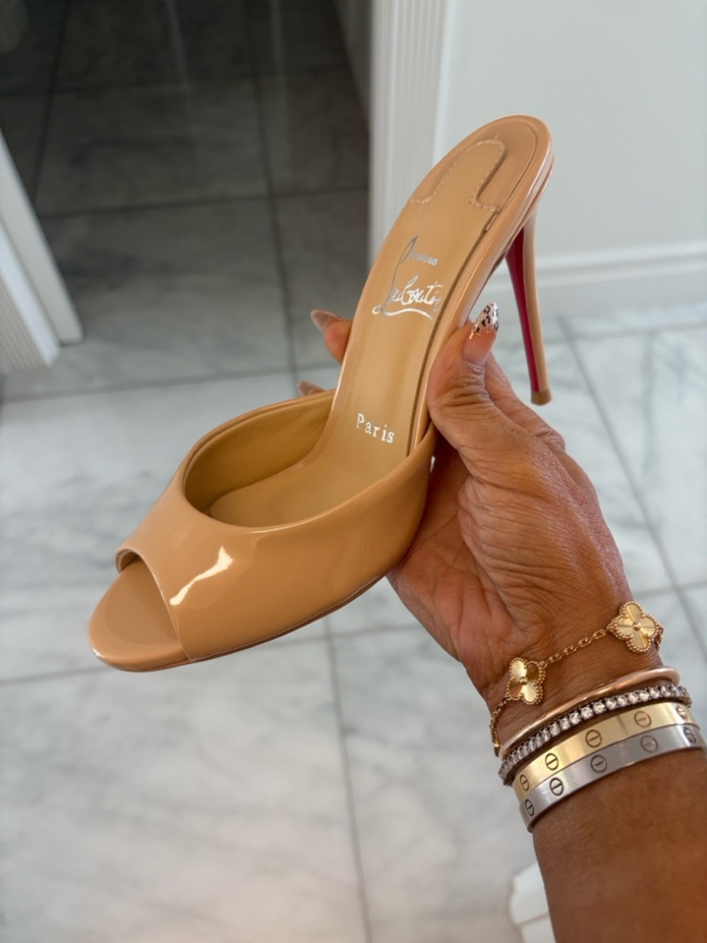 Christian Louboutin inspired Patent Nude Peep-Toe Mule Heels
